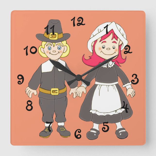 Reloj Cuadrado Thanksgiving Pilgrim Boy And Girl (Anverso)