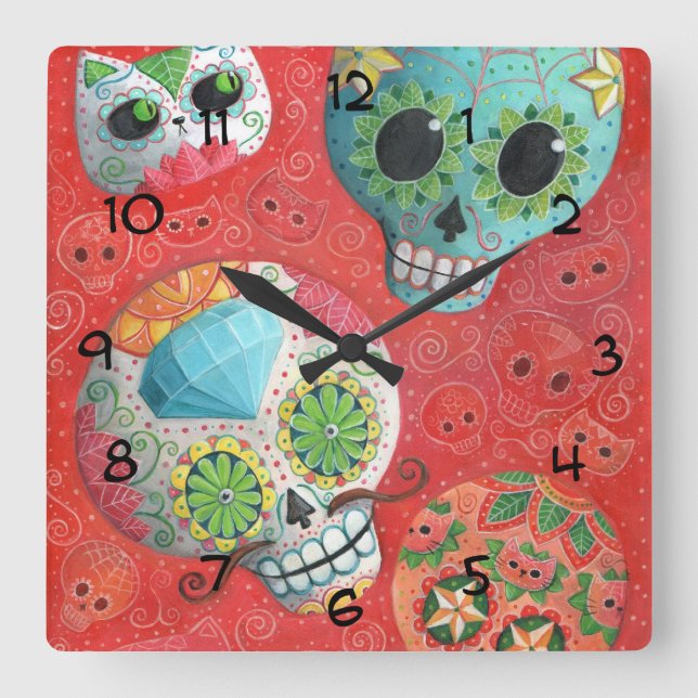 Reloj Cuadrado Three Day of The Dead Skulls (Anverso)