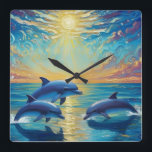Reloj Cuadrado Three dolphins Wall Clock<br><div class="desc">Three dolphins jump over the sea. The sun is shining. Multi-colored clouds run across the sky.</div>