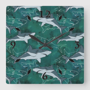 Reloj Cuadrado Tiburones, marinos, marinos, peces, depredadores, 