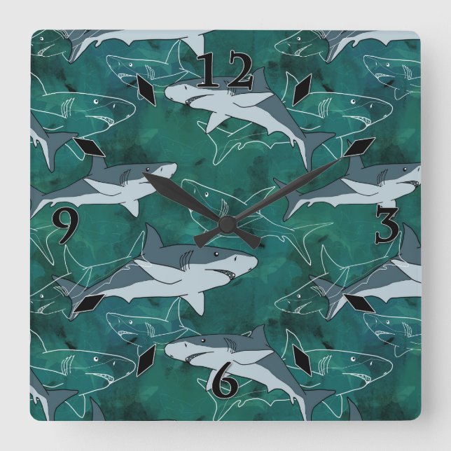 Reloj Cuadrado Tiburones, marinos, marinos, peces, depredadores,  (Anverso)