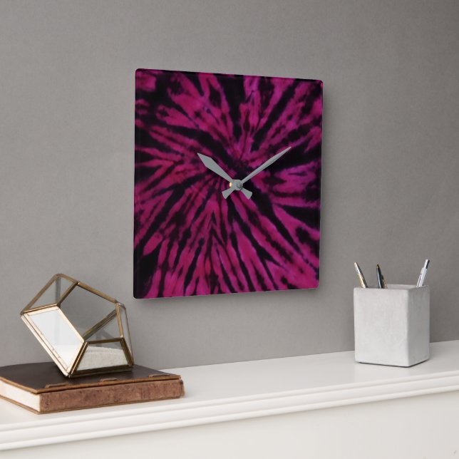 Reloj Cuadrado Tie-Dye Purple Pink Black Hippie Retro Pattern  (Oficina)