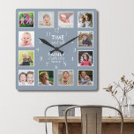 Reloj Cuadrado Tiempo De Collage de fotos Con Cita Familiar Dusty<br><div class="desc">Reloj fotográfico personalizado con la inspiradora cita familiar "El tiempo que pasa con la familia vale cada segundo". Personaliza con 12 de tus fotos familiares favoritas.</div>