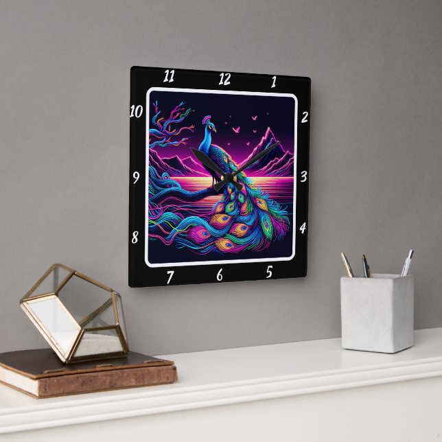 Reloj Cuadrado Tiempo de espera de pavo real brillante (Oficina)