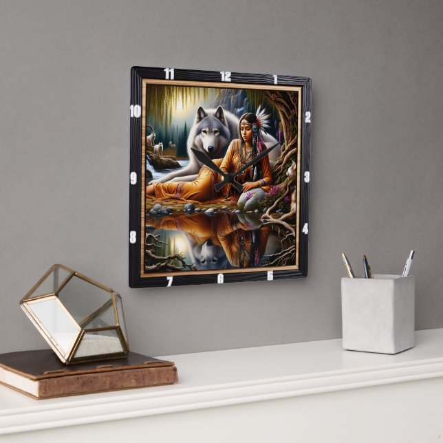 Reloj Cuadrado Tiempo de Espíritu Indígena Nativo: El resplandor  (Oficina)