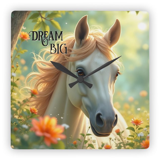 Reloj Cuadrado Tiempo de verano del caballo de sueño (Wall clock featuring a pretty painting of a dreamy horse in a summer scene)