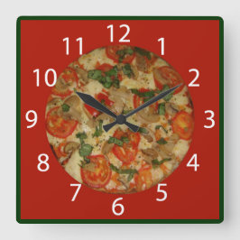 Reloj Cuadrado Tiempo Pizza - Bordes rojos y números blancos
