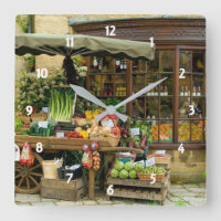 Tienda de aldea inglesa con colores de frutas y ve