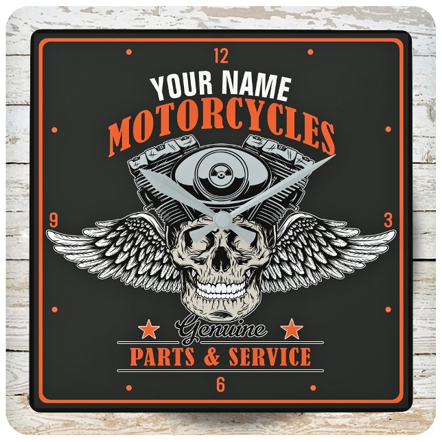 Reloj Cuadrado Tienda de motocicletas con cráneo y motocicleta pe (Subido por el creador)