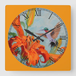 Reloj Cuadrado Tiger Lilies & Hummingbird Bella Artes Número roma