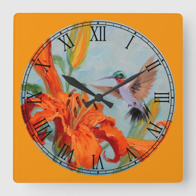 Reloj Cuadrado Tiger Lilies & Hummingbird Bella Artes Número roma (Anverso)