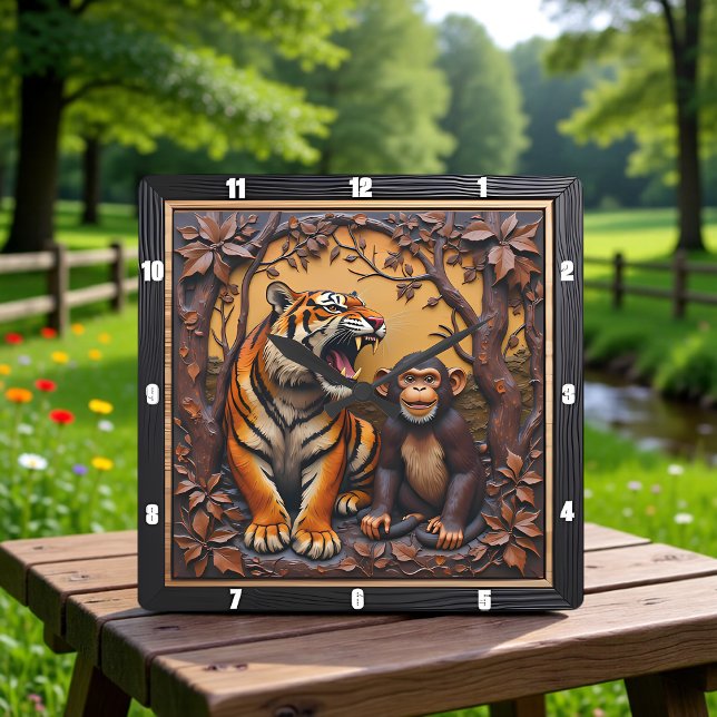 Reloj Cuadrado Tiger Monkey Jungle Carved (Subido por el creador)