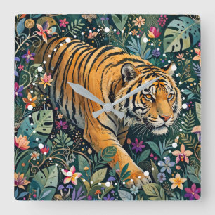 Reloj Cuadrado Tigre con ojos ámbar, follaje de jungla de fantasí