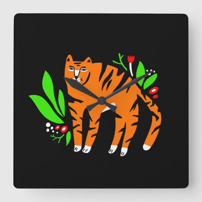 Reloj Cuadrado Tigre en flores (Anverso)