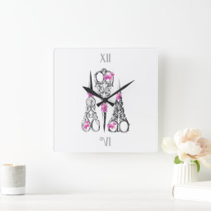 Reloj Cuadrado Tijeras Florales Vintage para Sastres y Peluqueros