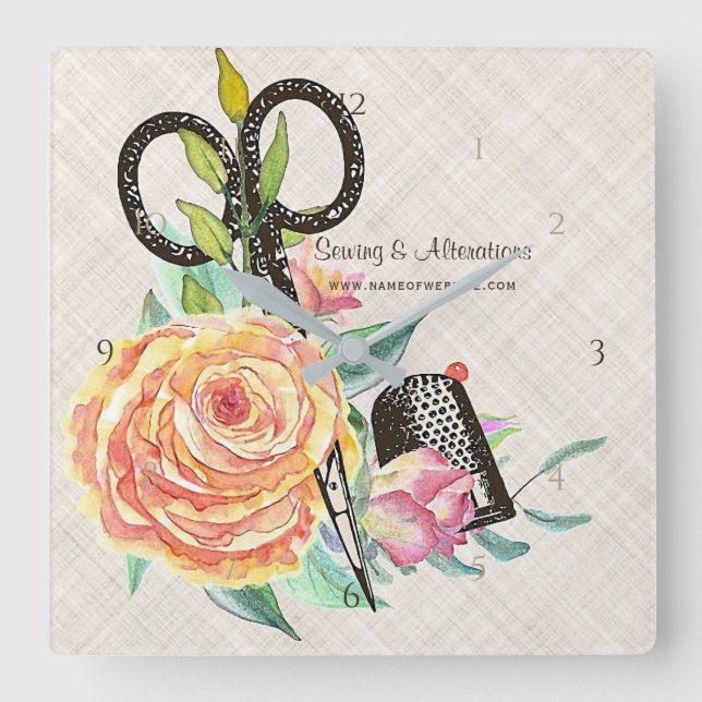 Reloj Cuadrado Tijeras y dedal florales de la costurera del (Anverso)