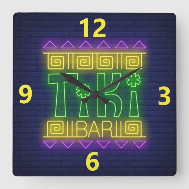 Reloj Cuadrado Tiki Bar Neon Rótulo Square Wall Clock (Anverso)