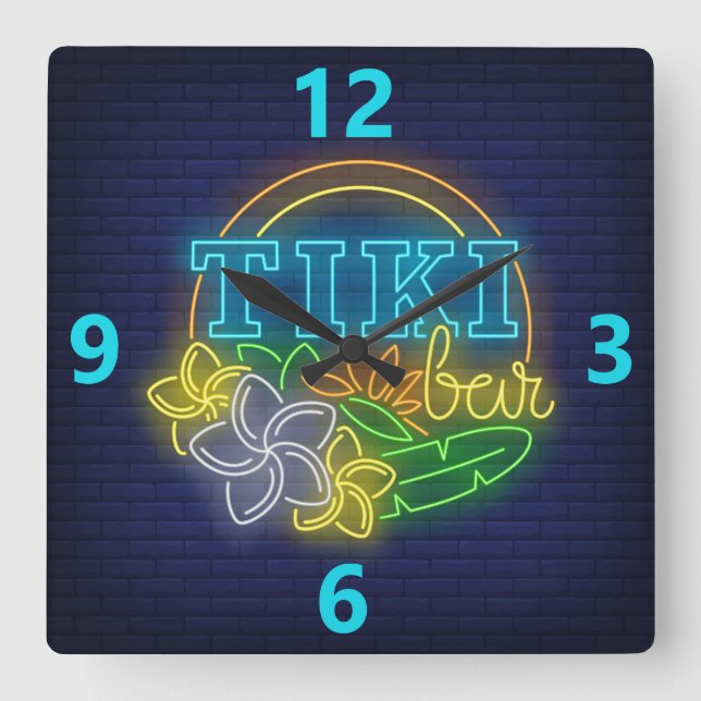 Reloj Cuadrado Tiki Bar Neon Rótulo Square Wall Clock (Anverso)