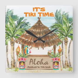 Reloj Cuadrado Tiki Luau | Tropical Beach Tiki Bar Aloha Square