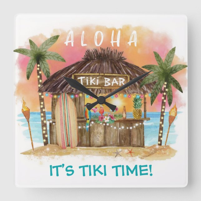 Reloj Cuadrado Tiki Time Tropical Beach Bar Surf & Sea (Anverso)
