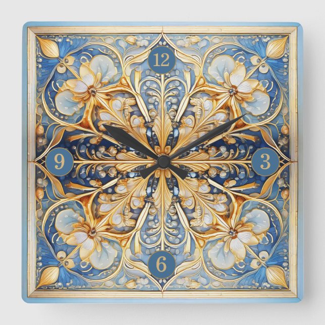 Reloj Cuadrado Tile floral barroco pat#16 Blue Gold ID1078 (Anverso)
