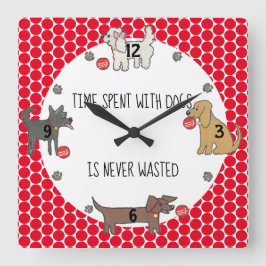 Reloj Cuadrado Time With Dogs Never Wasted Whimsical Dog Art Red