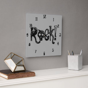 Reloj Cuadrado Tipografía de cráneo de rock negro gris