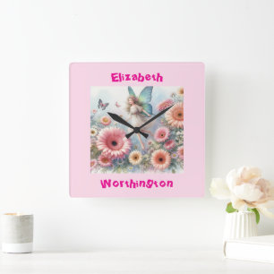 Reloj Cuadrado Tipografía de princesa hada floral acuarela rosa
