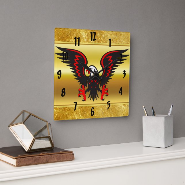 Reloj Cuadrado Tira cómica Águila negra y roja con Relieve metali (Oficina)