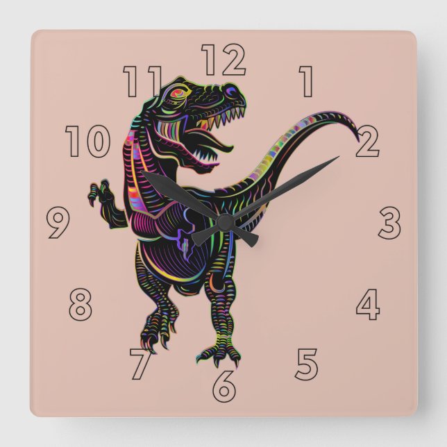 Reloj Cuadrado Tirannosauro Rex Dinosaurio de color neón (Anverso)