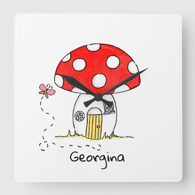 Reloj Cuadrado Toadstool y mariposa personalizados (Anverso)