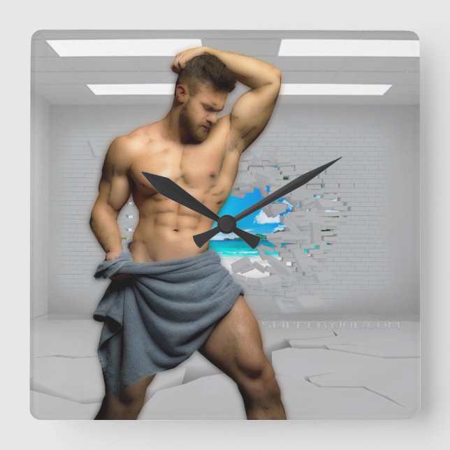 Reloj Cuadrado Toalla de hombre de SlipperyJoe rota pared de ladr (Anverso)
