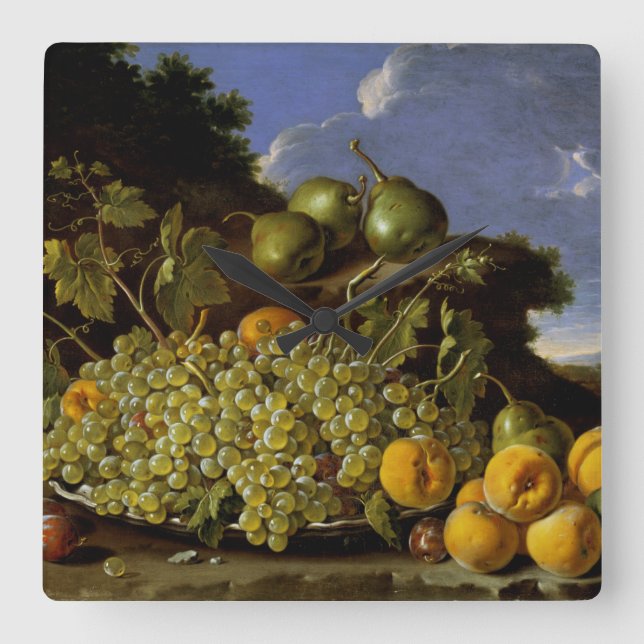 Reloj Cuadrado Todavía vida con la placa de las uvas, (Anverso)