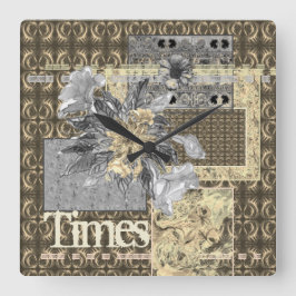 Reloj Cuadrado Tonos mudos Folklore Patchwork Gray Brown