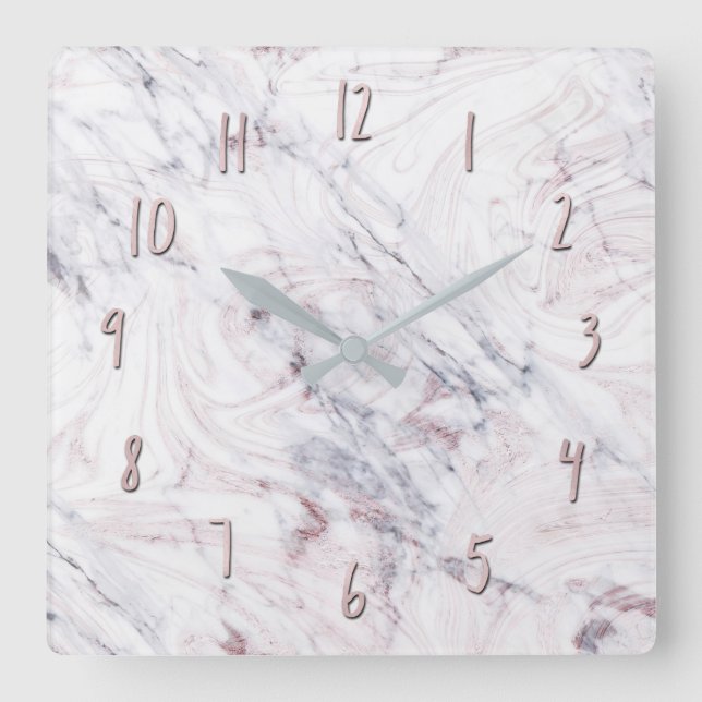 Reloj Cuadrado Toque de Mármol Gris Blanco Rosa Chic Moderno (Anverso)