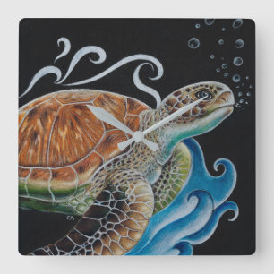 Reloj Cuadrado Tortuga marina burbuja ola arte