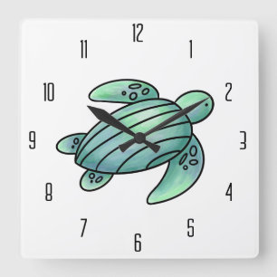 Reloj Cuadrado tortuga marina pintada con acuarela azul verde de 