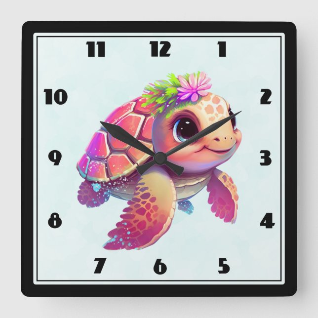 Reloj Cuadrado Tortuga marina rosa caprichosa y linda (Anverso)