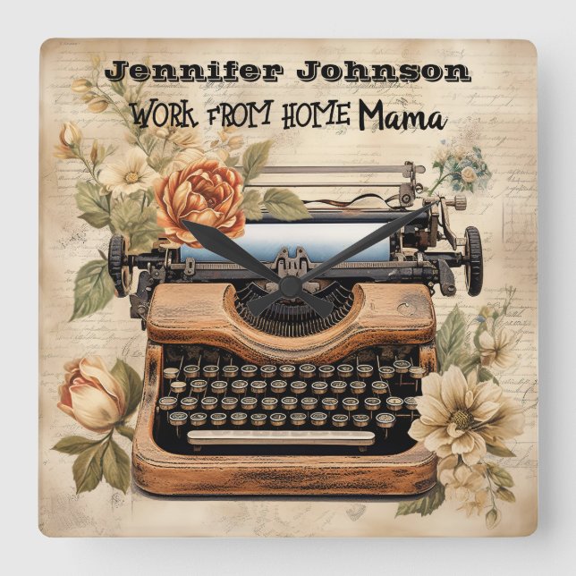 Reloj Cuadrado Trabajo de máquina de escribir de casa desde el re (Anverso)