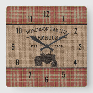 Reloj Cuadrado Tractor Rústico de granja familiar Red Plaid Burla