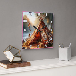 Reloj Cuadrado Tranquila tepee indígena junto a un río sereno