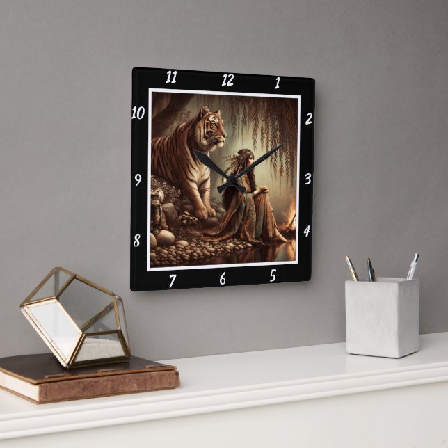 Reloj Cuadrado Tranquilidad nativa: Estanque plateado de tigre (Oficina)