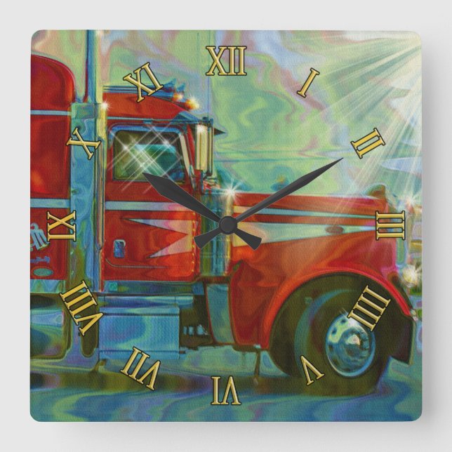 Reloj Cuadrado Transporte pesado Red Truck Art Wall Clock (Anverso)
