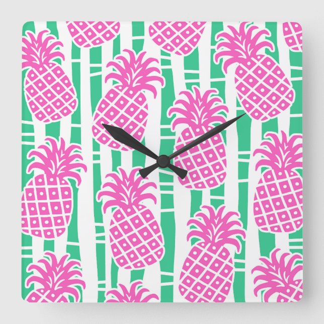 Reloj Cuadrado Trazos de bambú de piña Patrón rosa y verde (Anverso)