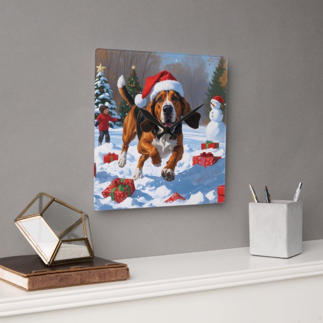 Reloj Cuadrado Treeing Walker Coonhound Nieve con Sombrero de Nav (Oficina)