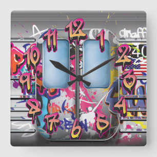 Reloj Cuadrado Tren de Metro con Grafitis