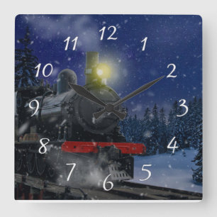 Reloj Cuadrado Tren de Navidad en la nieve     