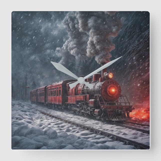 Reloj Cuadrado Tren de nieve vintage (Anverso)