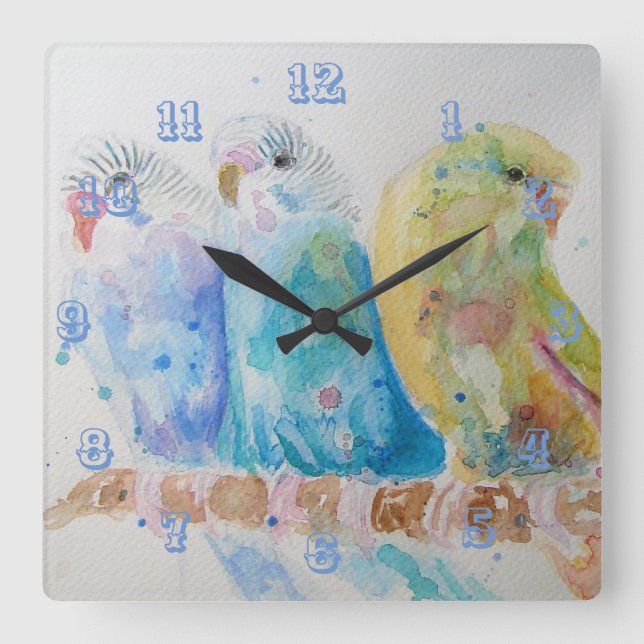Reloj Cuadrado Tres Budgies Budgie Budgerigar Room Clock (Anverso)