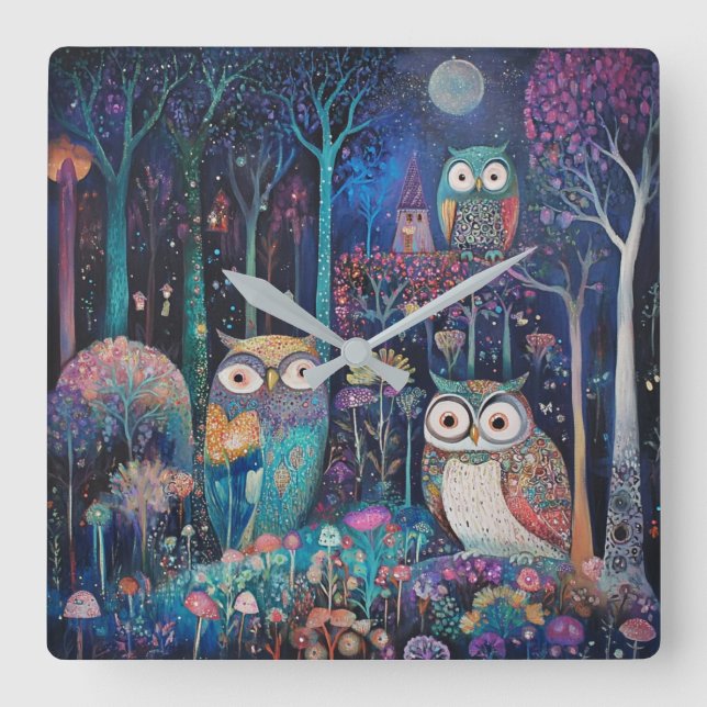 Reloj Cuadrado Tres búhos bajo la luna llena (Anverso)